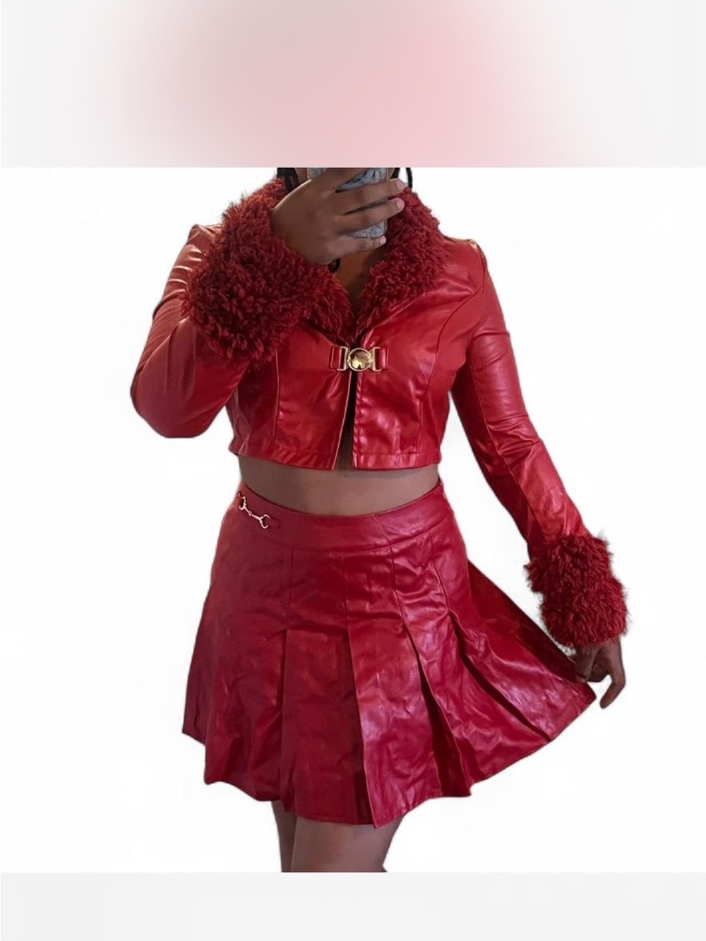 Red Faux Leather Two-Piece Set with Fur Trim